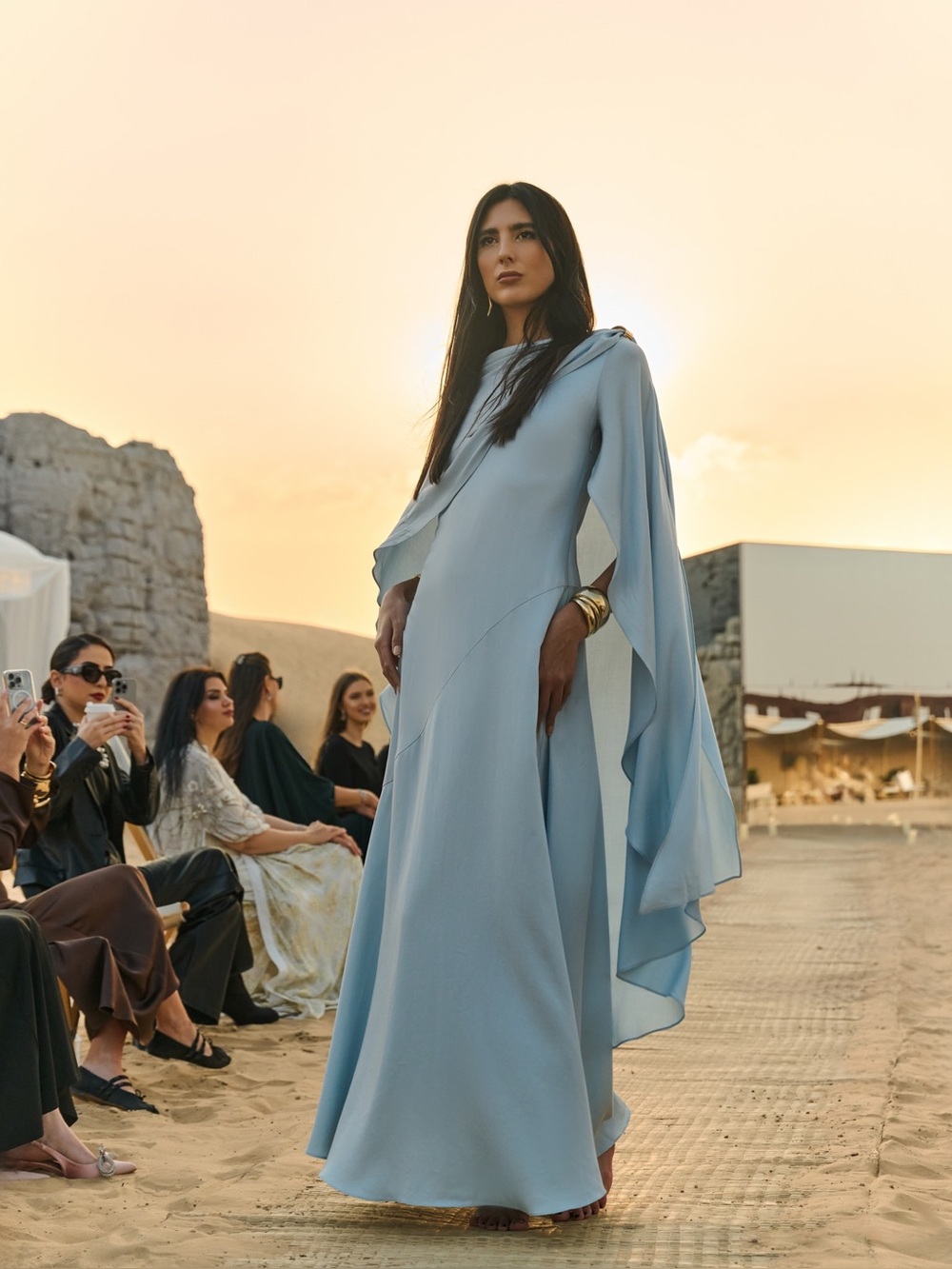 Elegant Light Blue Draped Cape Maxi Dress